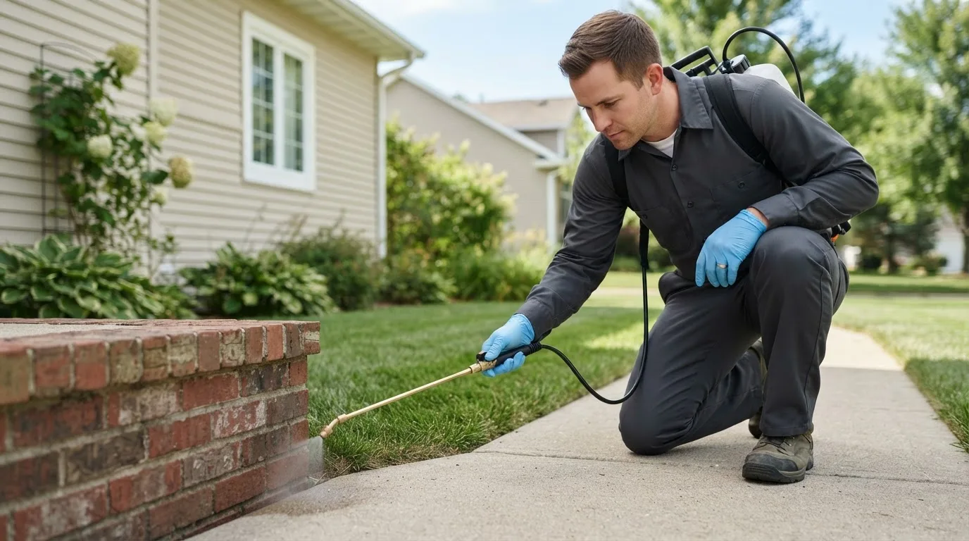 Pest control technician treating a home near Wilbraham, MA